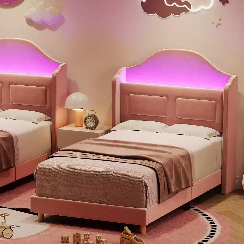 Kids Twin Bed Frame with Velvet Upholstery, Wingback Headboard, LED Lights & Storage Bookcase, Princess Style Twin Bed, No Box Spring Required