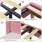 Kids Twin Bed Frame with Velvet Upholstery, Wingback Headboard, LED Lights & Storage Bookcase, Princess Style Twin Bed, No Box Spring Required