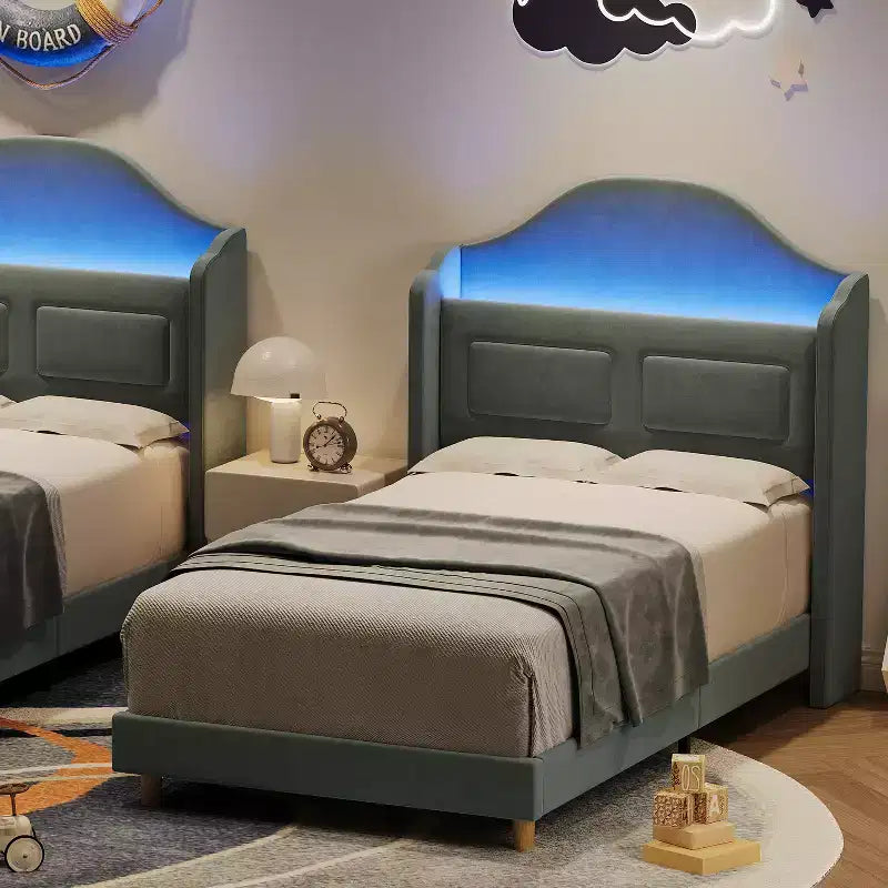 Kids Twin Bed Frame with Velvet Upholstery, Wingback Headboard, LED Lights & Storage Bookcase, Princess Style Twin Bed, No Box Spring Required