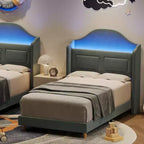 Kids Twin Bed Frame with Velvet Upholstery, Wingback Headboard, LED Lights & Storage Bookcase, Princess Style Twin Bed, No Box Spring Required