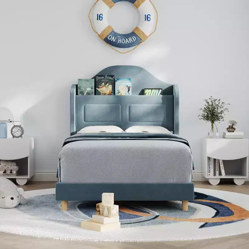 Kids Twin Bed Frame with Velvet Upholstery, Wingback Headboard, LED Lights & Storage Bookcase, Princess Style Twin Bed, No Box Spring Required