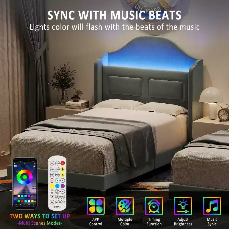 Kids Twin Bed Frame with Velvet Upholstery, Wingback Headboard, LED Lights & Storage Bookcase, Princess Style Twin Bed, No Box Spring Required