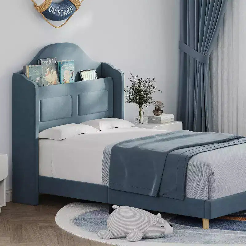 Kids Twin Bed Frame with Velvet Upholstery, Wingback Headboard, LED Lights & Storage Bookcase, Princess Style Twin Bed, No Box Spring Required