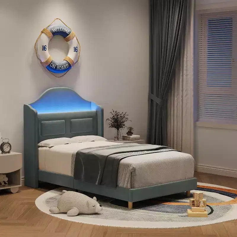Kids Twin Bed Frame with Velvet Upholstery, Wingback Headboard, LED Lights & Storage Bookcase, Princess Style Twin Bed, No Box Spring Required
