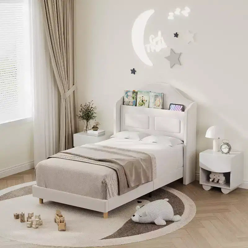 Kids Twin Bed Frame with Velvet Upholstery, Wingback Headboard, LED Lights & Storage Bookcase, Princess Style Twin Bed, No Box Spring Required