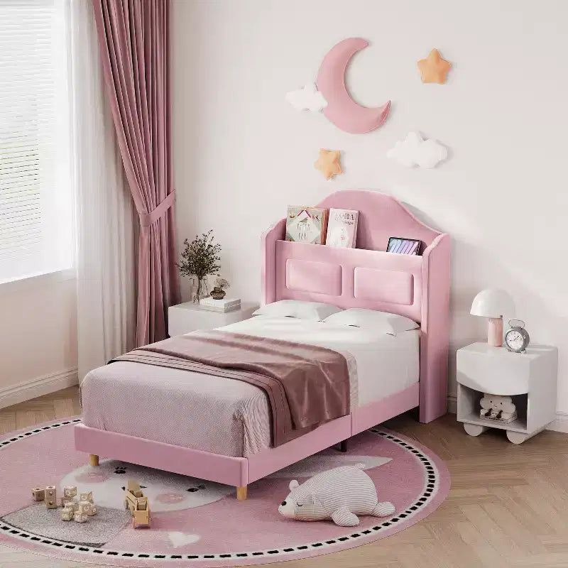 Kids Twin Bed Frame with Velvet Upholstery, Wingback Headboard, LED Lights & Storage Bookcase, Princess Style Twin Bed, No Box Spring Required