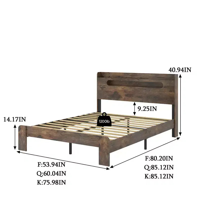 Full/Queen/King Size Platform Bed Frame with LED Light Headboard and 2 USB, Wood Platform Bed with Storage