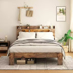 Full/Queen/King Size Platform Bed Frame with LED Light Headboard and 2 USB, Wood Platform Bed with Storage