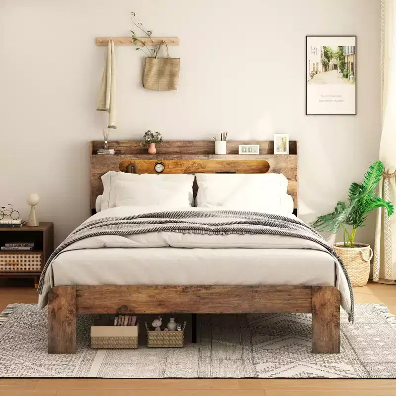 Full/Queen/King Size Platform Bed Frame with LED Light Headboard and 2 USB, Wood Platform Bed with Storage