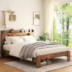 Full/Queen/King Size Platform Bed Frame with LED Light Headboard and 2 USB, Wood Platform Bed with Storage
