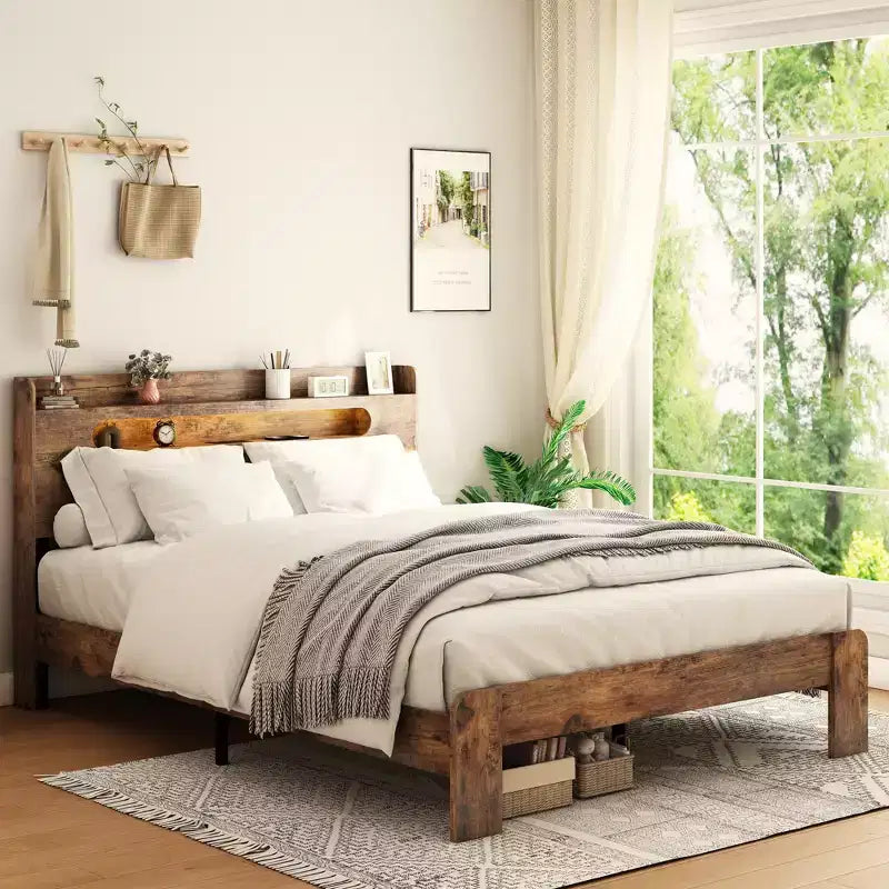 Full/Queen/King Size Platform Bed Frame with LED Light Headboard and 2 USB, Wood Platform Bed with Storage