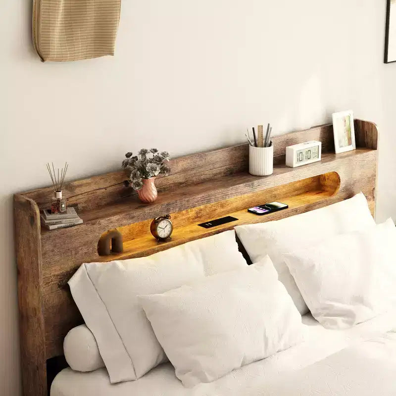 Full/Queen/King Size Platform Bed Frame with LED Light Headboard and 2 USB, Wood Platform Bed with Storage