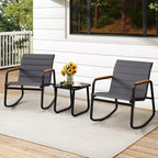 Costway 3 PCS Outdoor Rocking Bistro Set with Tempered Glass Table Metal Frame Soft Cushions