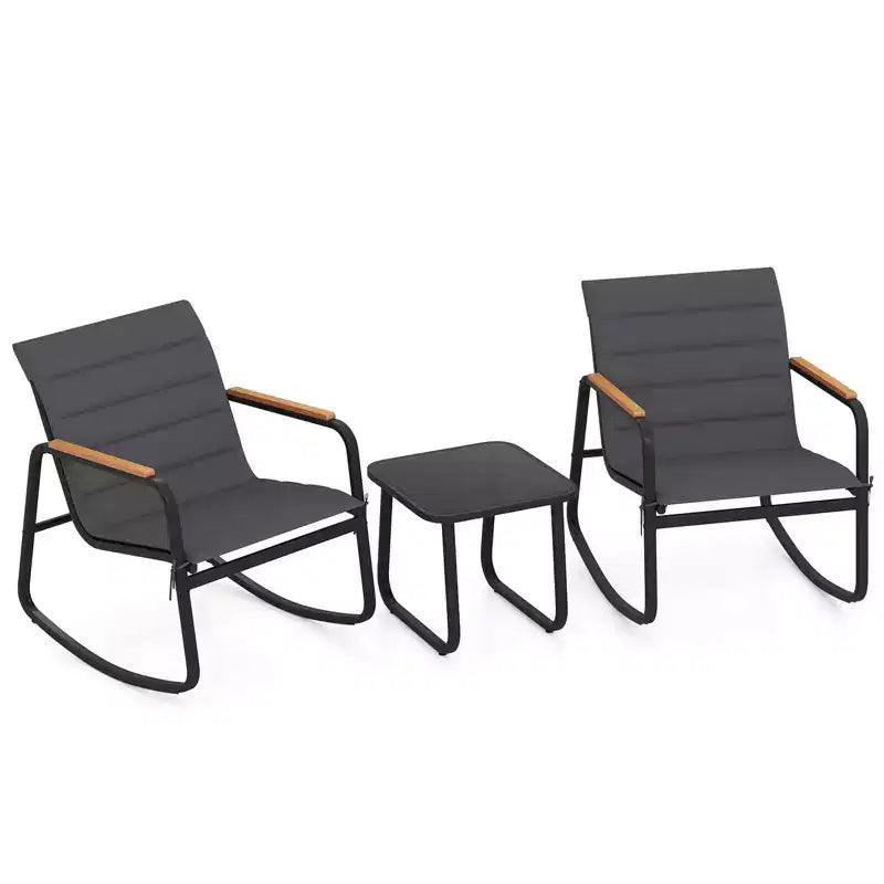 Costway 3 PCS Outdoor Rocking Bistro Set with Tempered Glass Table Metal Frame Soft Cushions