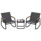 Costway 3 PCS Outdoor Rocking Bistro Set with Tempered Glass Table Metal Frame Soft Cushions