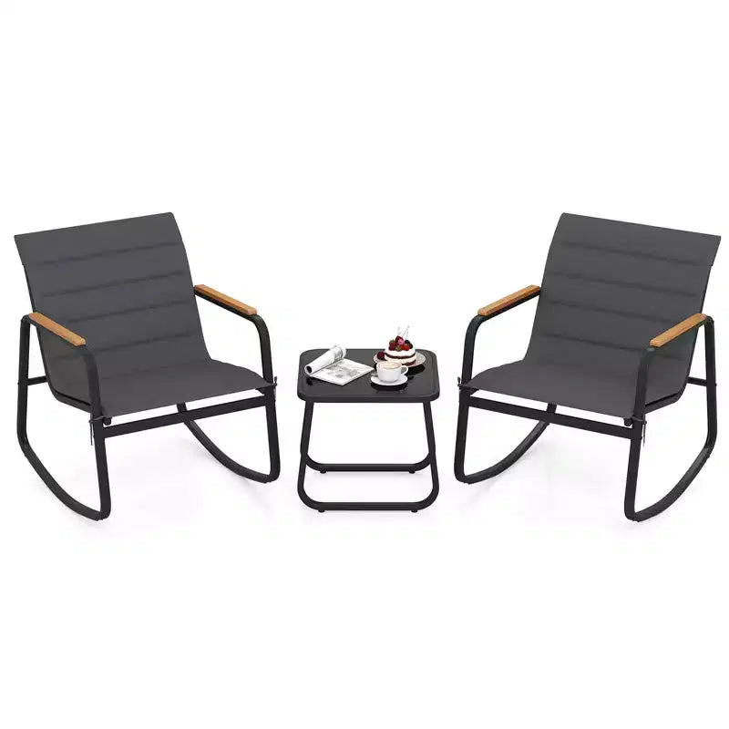Costway 3 PCS Outdoor Rocking Bistro Set with Tempered Glass Table Metal Frame Soft Cushions