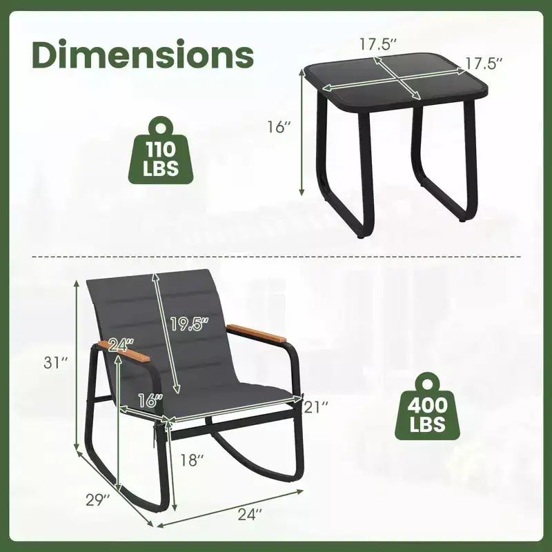 Costway 3 PCS Outdoor Rocking Bistro Set with Tempered Glass Table Metal Frame Soft Cushions
