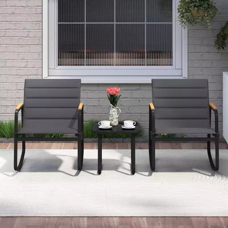Costway 3 PCS Outdoor Rocking Bistro Set with Tempered Glass Table Metal Frame Soft Cushions