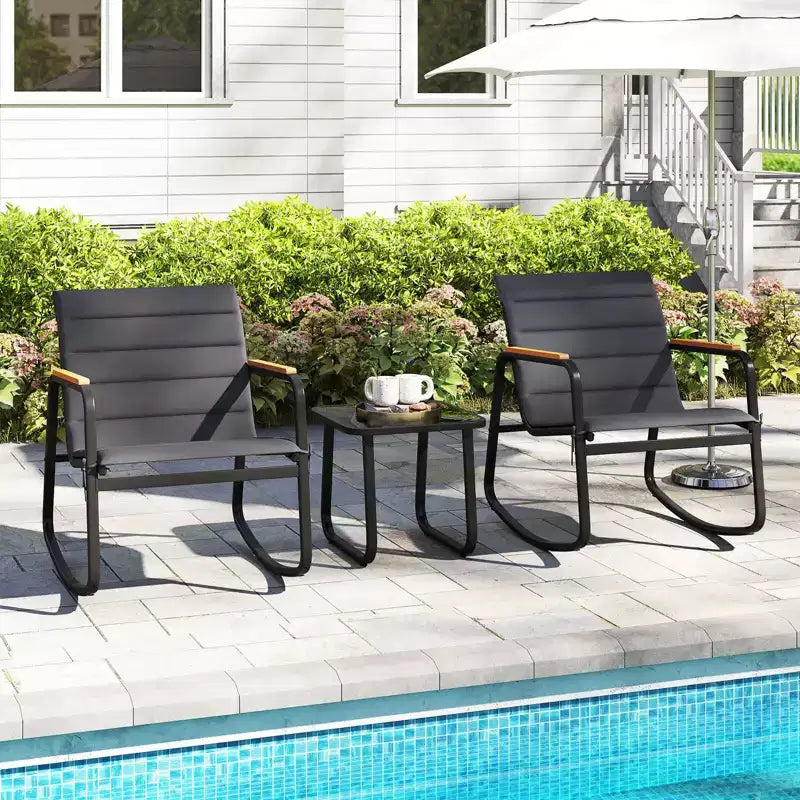 Costway 3 PCS Outdoor Rocking Bistro Set with Tempered Glass Table Metal Frame Soft Cushions