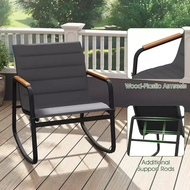 Costway 3 PCS Outdoor Rocking Bistro Set with Tempered Glass Table Metal Frame Soft Cushions