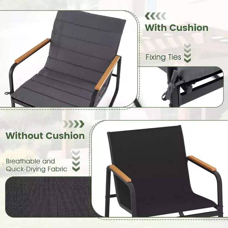 Costway 3 PCS Outdoor Rocking Bistro Set with Tempered Glass Table Metal Frame Soft Cushions