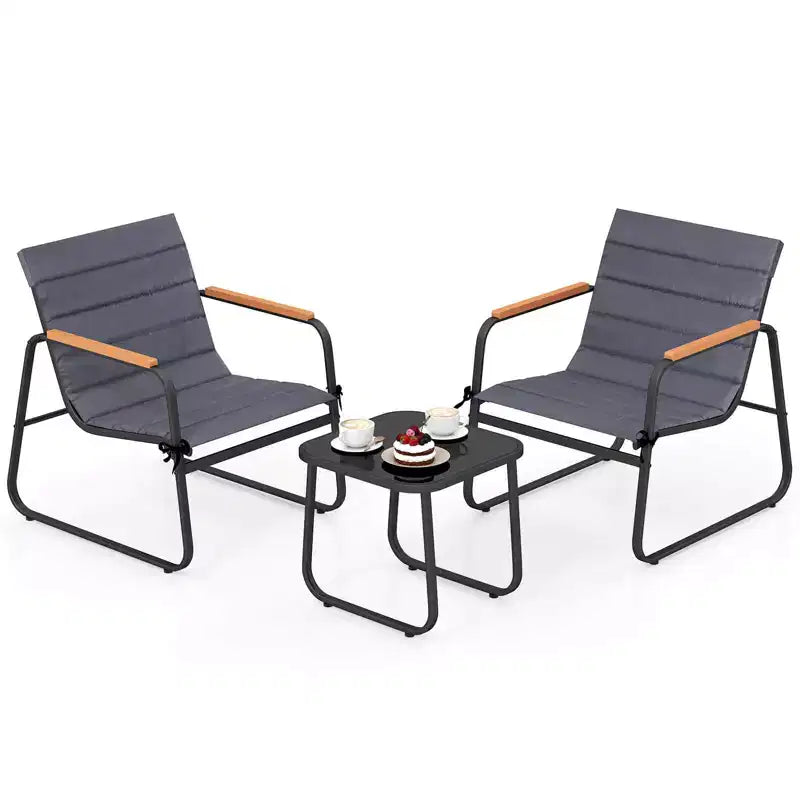 Costway 3 PCS Patio Bistro Set with Cushions & Tempered Glass Coffee Table for Balcony, Lawn