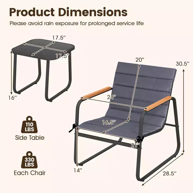 Costway 3 PCS Patio Bistro Set with Cushions & Tempered Glass Coffee Table for Balcony, Lawn