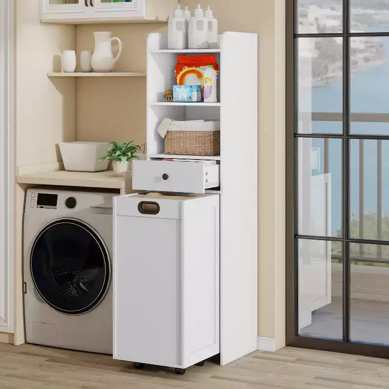 ELECWISH Bathroom Storage Cabinet, Free Standing Storage Cabinet with Pull Out Movable Laundry Hamper Basket, Tall Cabinet with Shelves and Drawer