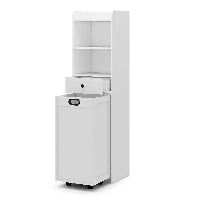 ELECWISH Bathroom Storage Cabinet, Free Standing Storage Cabinet with Pull Out Movable Laundry Hamper Basket, Tall Cabinet with Shelves and Drawer