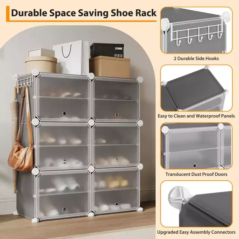 Modular six-compartment shoe cabinet with doors - suitable for hallways, bedrooms, or living rooms, space-saving and easy to assemble.
