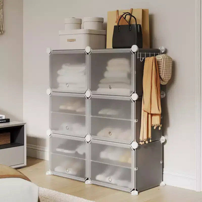Modular six-compartment shoe cabinet with doors - suitable for hallways, bedrooms, or living rooms, space-saving and easy to assemble.