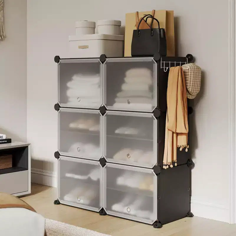 Modular six-compartment shoe cabinet with doors - suitable for hallways, bedrooms, or living rooms, space-saving and easy to assemble.