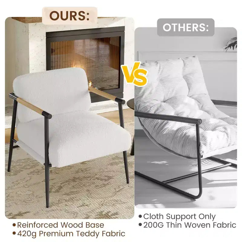 Comfy Chair, Modern Accent Chair with Metal Frame, Cozy Reading Chair with Soft Cushion & Wood Armrest for Bedroom, Living Room, Brown