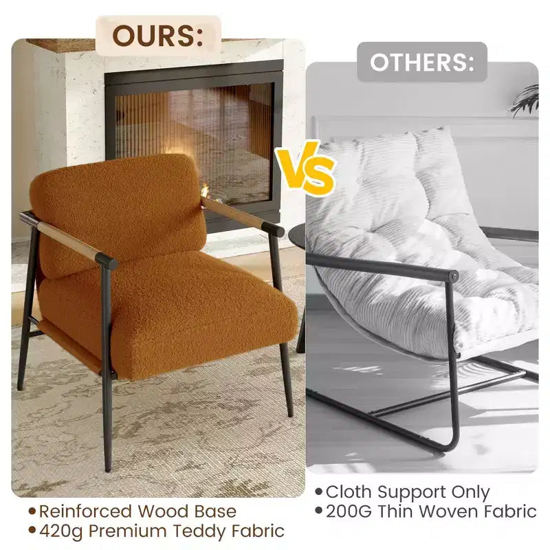 Comfy Chair, Modern Accent Chair with Metal Frame, Cozy Reading Chair with Soft Cushion & Wood Armrest for Bedroom, Living Room, Brown