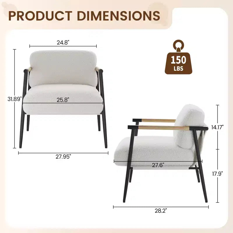 Comfy Chair, Modern Accent Chair with Metal Frame, Cozy Reading Chair with Soft Cushion & Wood Armrest for Bedroom, Living Room, Brown