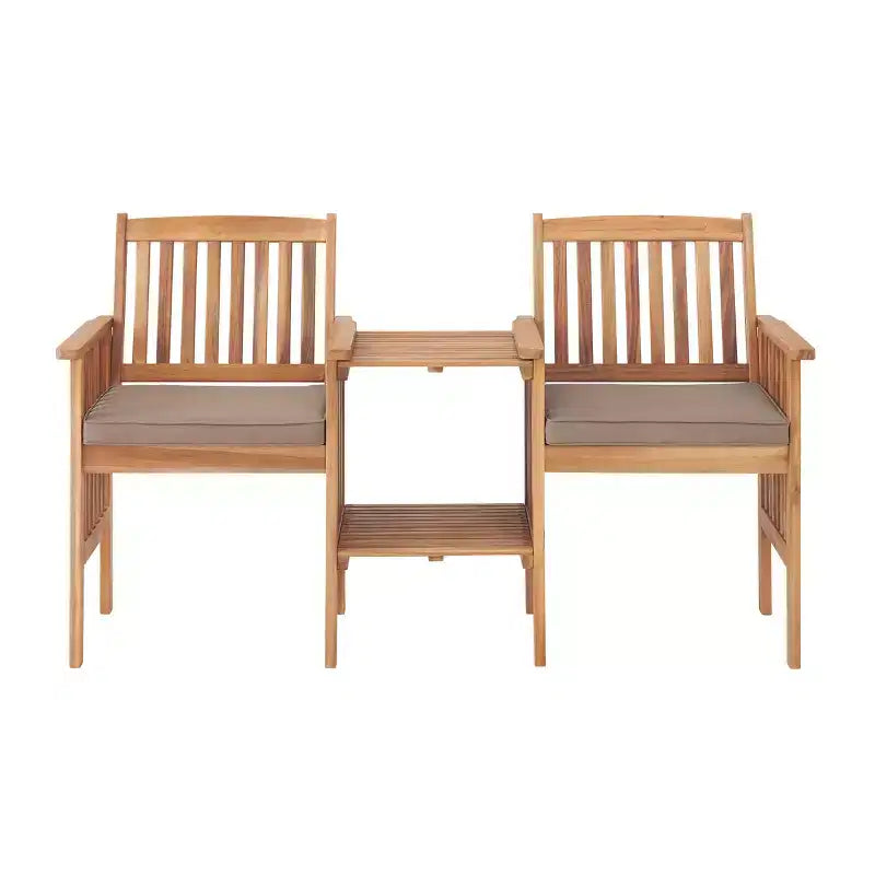 Bristol Acacia Wood Outdoor Double Seat Bench, Attached Table, Weather-Proof, Natural Finish, Porch, 60 in. W x 23 in. D x 35 in. H, Seat: 19 in. W x