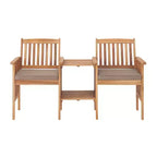 Bristol Acacia Wood Outdoor Double Seat Bench, Attached Table, Weather-Proof, Natural Finish, Porch, 60 in. W x 23 in. D x 35 in. H, Seat: 19 in. W x