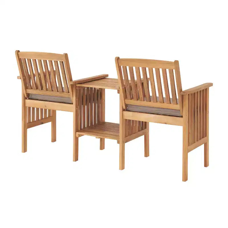 Bristol Acacia Wood Outdoor Double Seat Bench, Attached Table, Weather-Proof, Natural Finish, Porch, 60 in. W x 23 in. D x 35 in. H, Seat: 19 in. W x