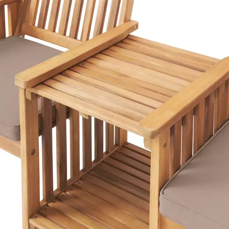 Bristol Acacia Wood Outdoor Double Seat Bench, Attached Table, Weather-Proof, Natural Finish, Porch, 60 in. W x 23 in. D x 35 in. H, Seat: 19 in. W x