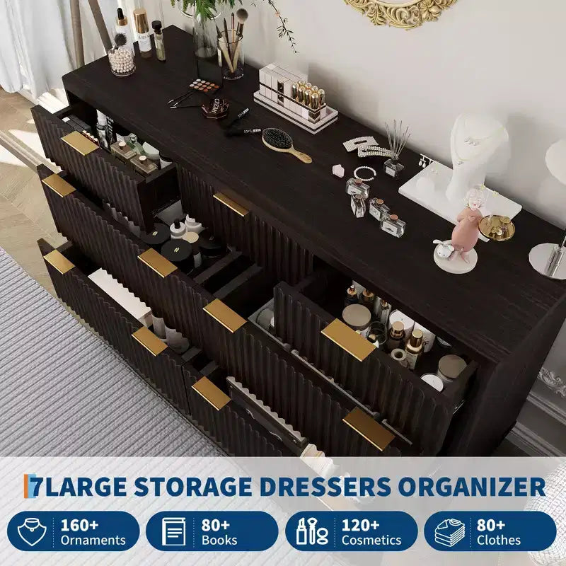 COZONY 54 Wide 7-Drawer Fluted Dresser, Modern Curved Wood Chest with Tabletop Storage