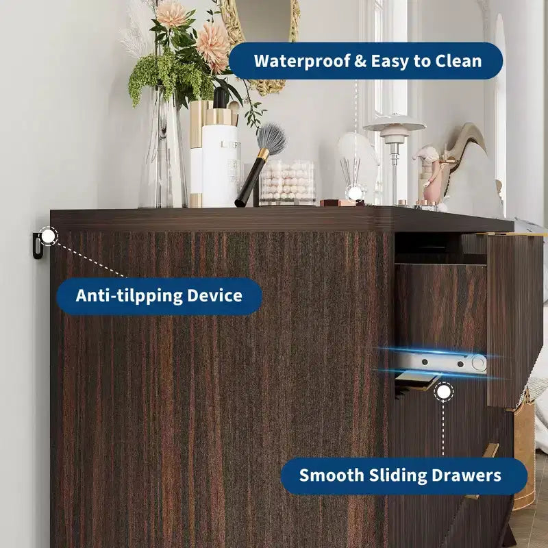 COZONY 54 Wide 7-Drawer Fluted Dresser, Modern Curved Wood Chest with Tabletop Storage