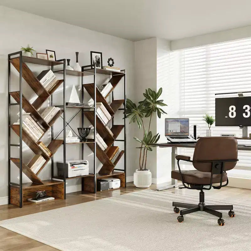 Modern Triple 6-Tier Standing Bookshelf  24 Open Display Shelves, Large Industrial Wooden Bookcase  Storage Rack for Living Room, Home, Office