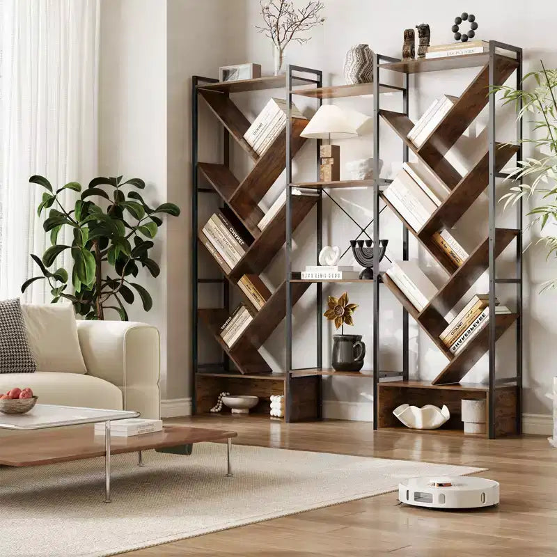 Modern Triple 6-Tier Standing Bookshelf  24 Open Display Shelves, Large Industrial Wooden Bookcase  Storage Rack for Living Room, Home, Office