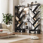 Modern Triple 6-Tier Standing Bookshelf  24 Open Display Shelves, Large Industrial Wooden Bookcase  Storage Rack for Living Room, Home, Office