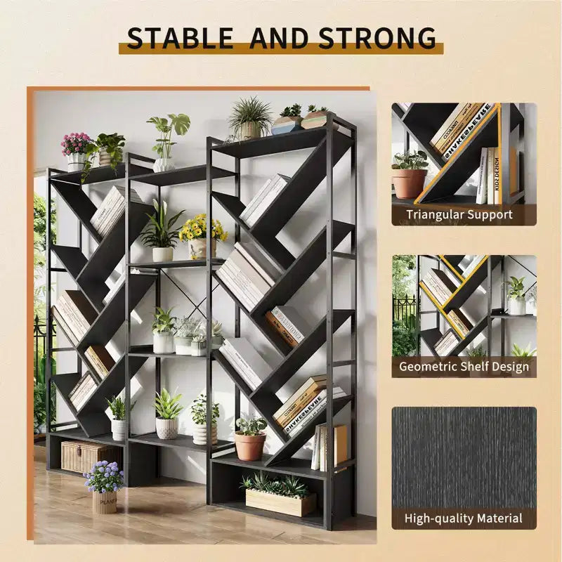 Modern Triple 6-Tier Standing Bookshelf  24 Open Display Shelves, Large Industrial Wooden Bookcase  Storage Rack for Living Room, Home, Office