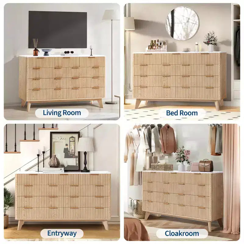 COZONY 54 Wide 9 Drawer Dresser, Modern Wooden Chest with Fluted Wave Design and Metal Handles