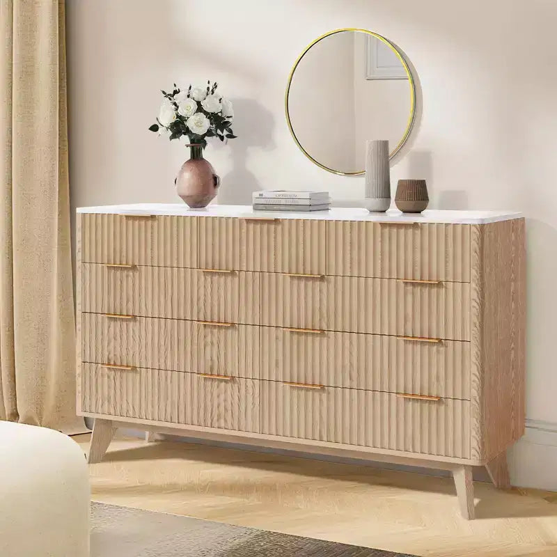 COZONY 54 Wide 9 Drawer Dresser, Modern Wooden Chest with Fluted Wave Design and Metal Handles
