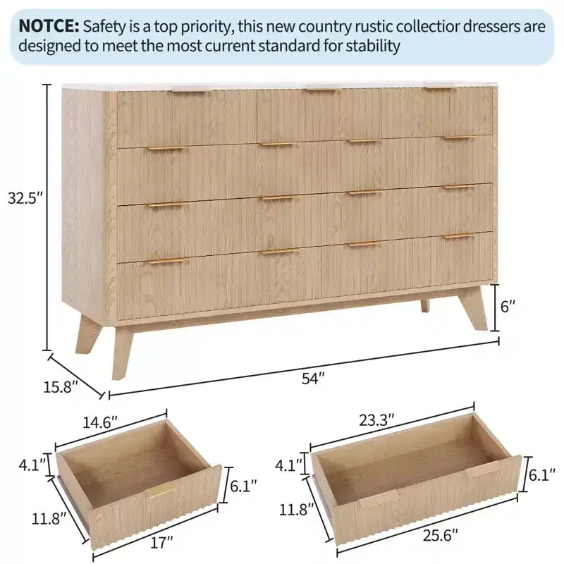 COZONY 54 Wide 9 Drawer Dresser, Modern Wooden Chest with Fluted Wave Design and Metal Handles