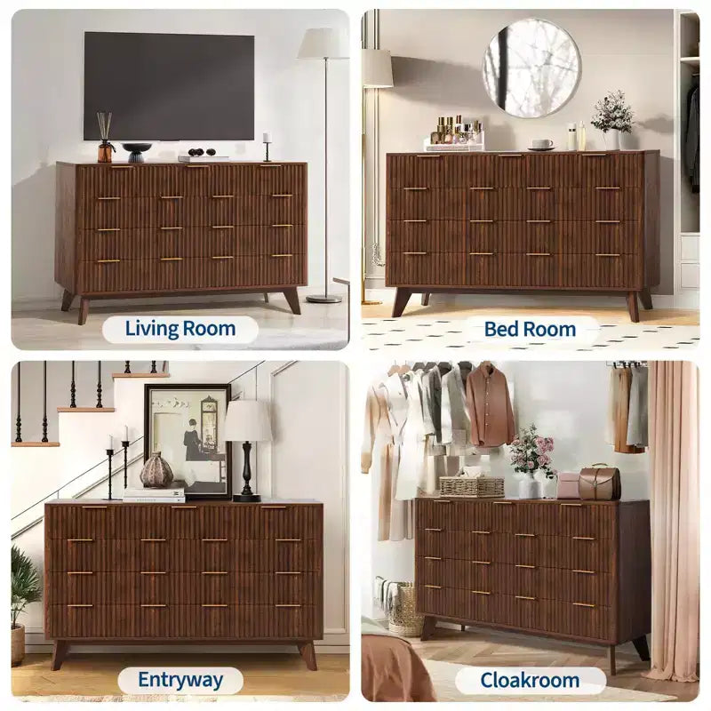 COZONY 54 Wide 9 Drawer Dresser, Modern Wooden Chest with Fluted Wave Design and Metal Handles