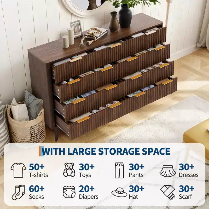 COZONY 54 Wide 9 Drawer Dresser, Modern Wooden Chest with Fluted Wave Design and Metal Handles